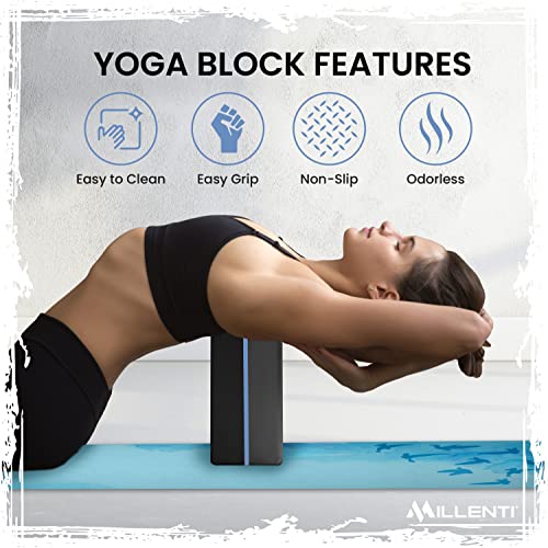 Millenti Gray Black Yoga Block Yoga Brick - Sold as Single EVA Foam Block, Bevelled Edge, Non-Slip, Latex-Free Block with a Workout Chart 9x6x4” - color: Blue