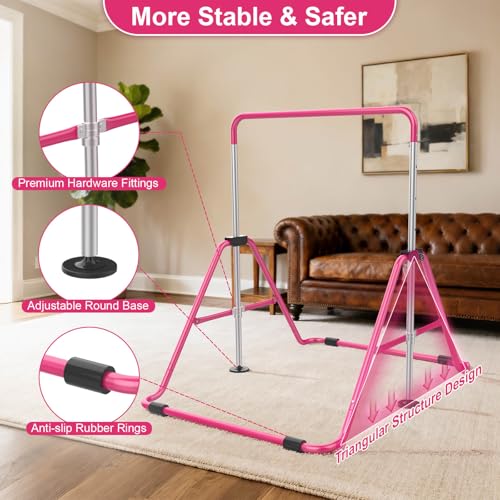 SHIWEI Gymnastics Bar for Kids, Gymnastic Kip Bar 5-Height Adjustable Home | Foldable, Indoor Outdoor Use, 140lb Capacity, for Ages 3-8, with Gymnastics Rings, Anti-Slip & Space-Saving Design - color: Pink with mat