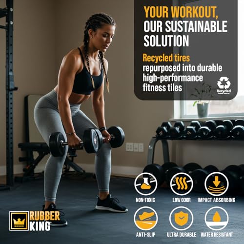 Rubber King 10 Piece Interlocking Tiles 19" x 19" x 6mm - 100% Recycled Rubber Gym Floor Tiles, Exercise Mat for Home Gym, Anti-Slip Low-Odor Interlocking Puzzle Floor Tiles - 23.5sq ft - color: Grey/Blue
