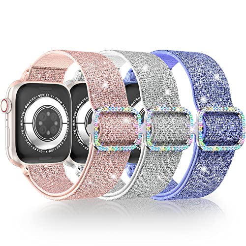 LETOID Stretchy Bands for Apple Watch Band Women Men Adjustable Solo Loop | Skin-Friendly Elastic Nylon Replacement Strap, iWatch Series 11 10 9 8 7 6 5 4 3 2 1 SE Ultra 49 46 45 44 42 41 40 38mm - color: 3-Pack: Pink / Silver-White / Purple, size: 38mm/4