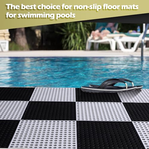 Tinideya 50 Pcs Drainage Interlocking Floor Tiles, 12'' x 12'' Soft TPE Non Slip Shower Floor Tiles for Pool Bathroom Shower Balcony Patio Locker Room Basement Stairs(Black and White) - color: Black and White