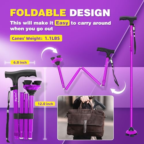 BigAlex Folding Walking Cane for Elderly Adjustable & Portable Walking Stick for Seniors,Pivoting Quad Base,Lightweight,Collapsible with Carrying Bag for Men/Woman - color: Purple(5'5"-6'3")
