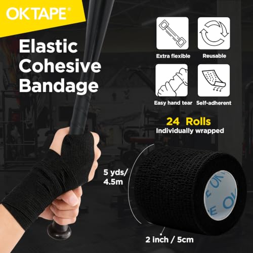 OK TAPE 24 Rolls Self Adhesive Bandage Wrap, Elastic Athletic Tape, Self Stick Bandage Tape, Vet Wrap, Medical Wrap for Wrist, Feet, 2" x 5 Yards, Black - color: Black, size: 2 Inch-24 Pack