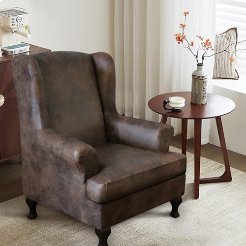 ANARACHON Leather Look Wingback Chair Covers, 2-Piece Wing Chair slipcover,Stretch Wing Back Armchair Slipcovers with Elastic Bottom, Soft Spandex FurnitureProtector for Living Room (Brown #2) - color: Brown #2