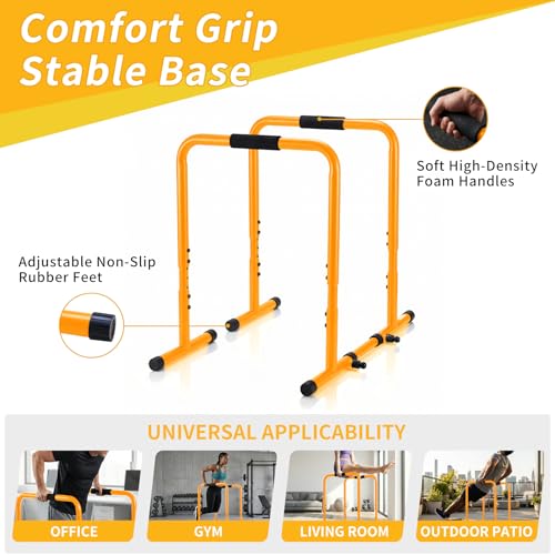 NEWBULIG Dip Bar Station, Adjustable Parallel Parallettes Bar with Soft High-Density Foam Handles, Heavy Duty Dip Stands Workout Equipment for Home, Gym, Patio, Office - color: Warm Yellow