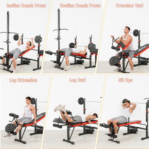 MAIDOMA 8 IN 1 Standard Weight Bench Set with Leg Extension and Leg Curl, Fast Folding & Adjustable Workout Bench for Home Gym,Adjustable Bench Press with Squat Rack.（US Stock） - color: coarl red