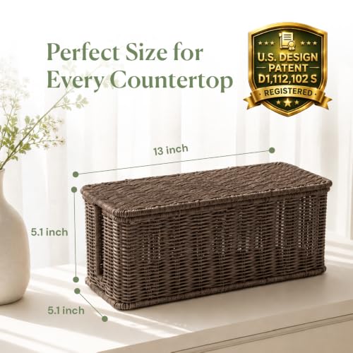 Cable Management Box, Handmade Rattan Cable Organizer with 2 Open Slots, Cord Hider for Power Strip, Router & USB Hub, Registered U.S. Design Patent (D1,112,102), 13" x 5.1" x 5.1", Brown - color: Brown, style: Rectangle