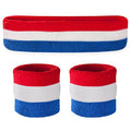 Suddora Striped Sweatband Set, Moisture Wicking 2 Wristbands and 1 Headband, Breathable Athletic Sweat Bands for Sports, Costumes & Cosplay, Matching Bands to Wear with Jersey - color: Red White and Blue