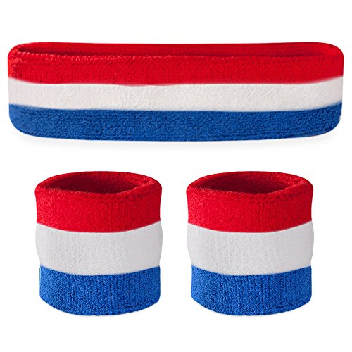 Suddora Striped Sweatband Set, Moisture Wicking 2 Wristbands and 1 Headband, Breathable Athletic Sweat Bands for Sports, Costumes & Cosplay, Matching Bands to Wear with Jersey - color: Red White and Blue