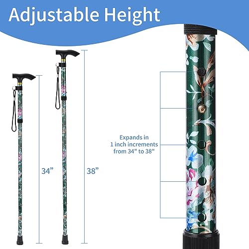 Walking Cane, Folding Cane for Man & Women, Portable Lightweight | 5-Level Adjustable Height, Collapsible Cane for Seniors Balancing Mobility Aid - color: Green Flowers