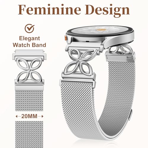 Getino Magnetic Metal Band Compatible with Galaxy Watch 7 Band 6 5 4 FE Active 2 40mm 44mm/Galaxy Watch 5 pro 45mm/Classic, 20mm Floral Dressy Strap for Samsung Watch Bands Women Milanese Mesh Loop - color: Silver