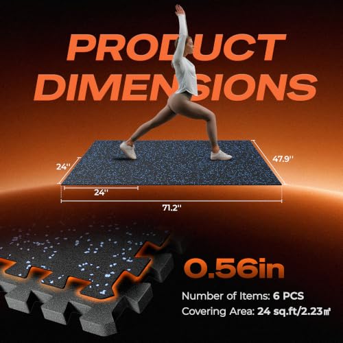 SUPERJARE 0.56'' Thick 6 Pcs 24 Sq Ft Rubber Top Exercise Equipment Mats, High Density EVA Foam Mats with Rubber Top, Interlocking Gym Flooring for Home Gym, Protective Workout Mat, Black/Blue - size: 6 Tiles (24 Sq Ft)