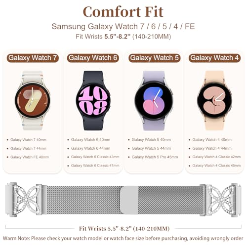 Getino Magnetic Metal Band Compatible with Galaxy Watch 7 Band 6 5 4 FE Active 2 40mm 44mm/Galaxy Watch 5 pro 45mm/Classic, 20mm Floral Dressy Strap for Samsung Watch Bands Women Milanese Mesh Loop - color: Bling Silver