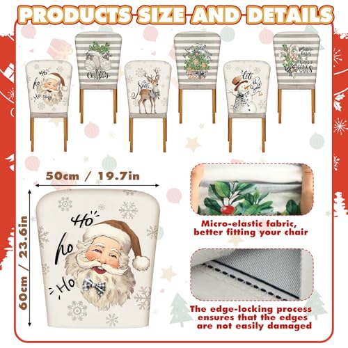 Moukeren 6 Pcs Christmas Chair Cover Set Stretch Dining Chair Back Covers Vintage Christmas Santa Claus Elk Slipcovers Farmhouse Removable Elastic Seat Protector for Xmas Party Kitchen Home Decor - style: Fresh