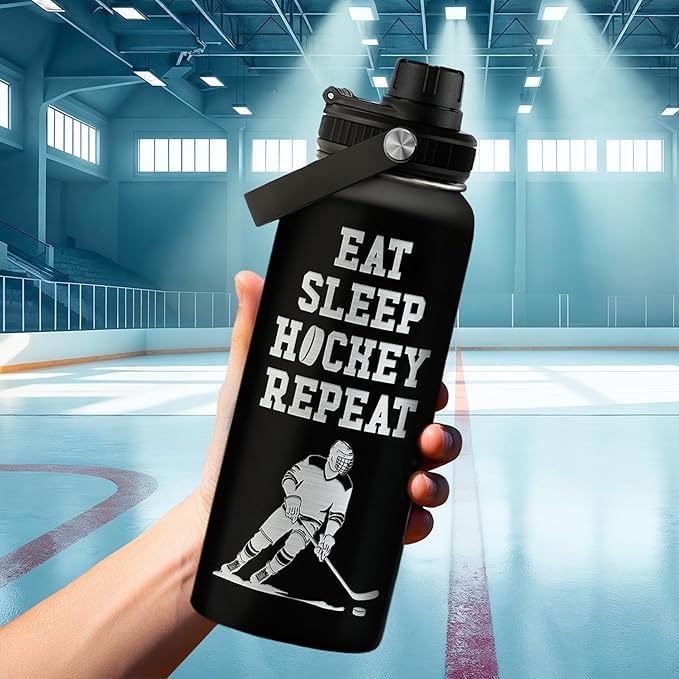 SANDJEST Ice Hockey Insulated Engraved Stainless Steel Water Bottle 32oz, Vacuum Chug Lid Travel Tumbler For Men Friends Hockey Lovers Fans Coaches,Birthday Christmas - color: Ice Hockey