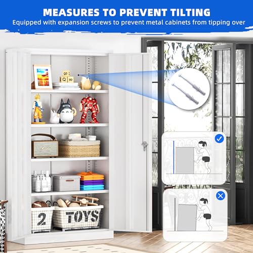 Superday Locking Metal Cabinet 72"×36"×18", Tall Storage Cabinet with 2 Doors and 4 Shelves, Large Metal Steel Utility Cabinets for Office File Bathroom Medicine Garage Pantry (White) - color: White, style: 72"