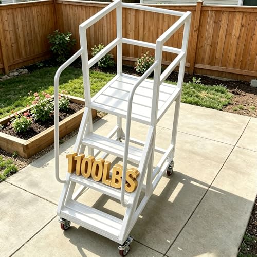 6 Step Rolling Warehouse Step Ladder, Industrial Mobile Staircase on Wheels, 1100Lbs Weight Capacity, Heavy Duty Mobile Platform Ladder with Handrails, Suitable for Warehouse, Library (White, 6 steps) - color: White