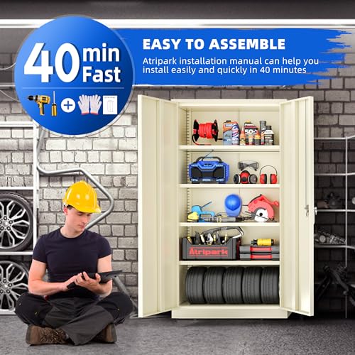 Superday Locking Metal Cabinet 72"×36"×18", Tall Storage Cabinet with 2 Doors and 4 Shelves, Large Metal Steel Utility Cabinets for Garage Tool Office File Pantry (Putty) - color: Putty, style: 72"