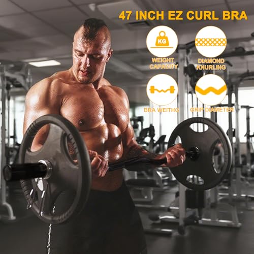 Olympic EZ Curl Bar 47-Inch - Chrome Curling Barbell for Biceps,Triceps,Arm Workouts,Compatible with 2"Olympic Plates,Includes Spring Collars,Home Gym Strength Bar(500LB Capacity)