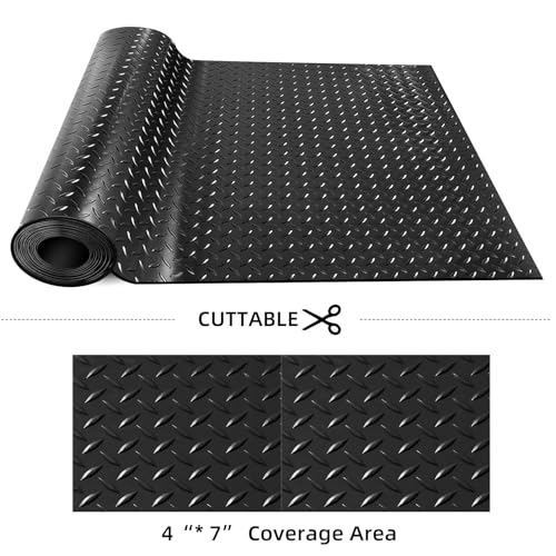 Diamond-Plate Rubber Flooring Rolls, 21FT *16IN Garage Floor Mat, 4 * 7Ft Cover Area PVC Garage Flooring Roll for Garage Floor, RV Trailer Flooring, Water/Stain Resistant Parking Mat Black(1Pcs) - color: Black