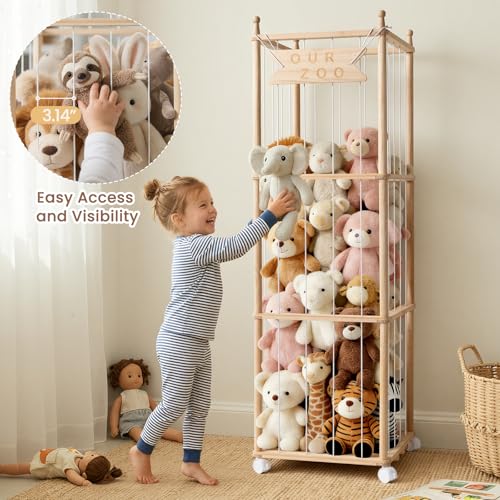 Ostutry Stuffed Animal Storage with Wheels - Wood Stuffed Animals Organizer Holder Zoo Large Capacity Plush Toy Cage with Elastic Band for Playroom, Bedroom, Nursery