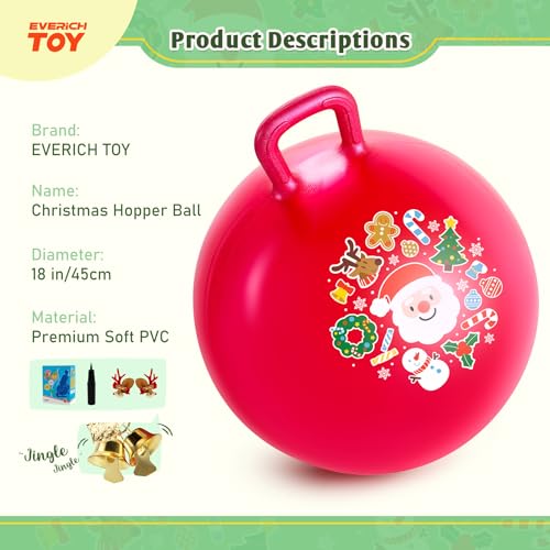 Hopper Ball for Kids 18In Sit On Bouncy Balls with Handle for Indoor Outdoor Active Play, Red Christmas Inflatable Boys Girls Gifts for 4 5 6 7 8 Years Old with Christmas Reindeer Ears - color: Red Christmas, size: Age:4-8(18''/45cm)