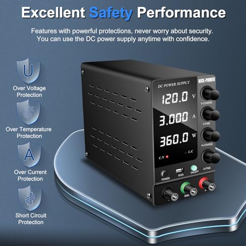NICE-POWER DC Power Supply Variable 120V 3A, Adjustable Switching Regulated DC Bench Power Supply with Output Switch High Precision 4-Digit LED Display, Benchtop Lab Power Supplies with 5V/2A USB Port - size: 120V 3A