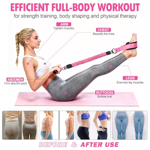 Foot Pedal Resistance Band with Handle, 3-Tube Multifunction Adjustable Yoga Elastic Exercise Bands, Home Workout Equipment for Women & Men to Abdomen, Waist, Arm, Core/ABS, Leg - color: Pink