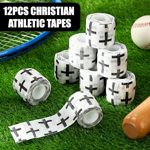 Geiserailie 12 Pack Christian Athletic Tapes 2 Inch x 5 Yards Self Adhesive Bandages Sports Wraps Breathable Elastic Wrap Non Woven Bandage for Wrist, Ankle, Baseball Football(White) - color: White, Black