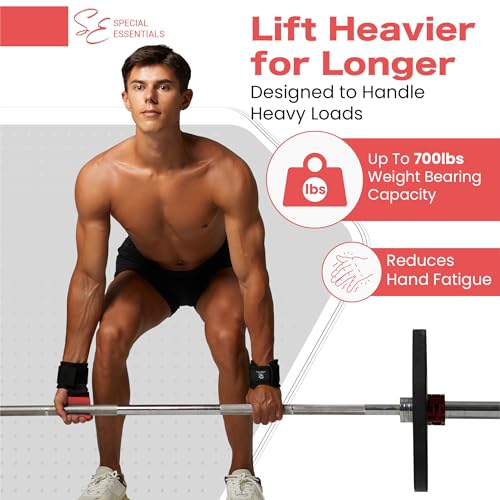 Special Essentials Weight Lifting Hooks - 1 Pair of Premium Steel Hooks with Padded Wrist Straps for Enhanced Grip, Support, and Comfort During Heavyweight Lifting and Pull-ups - Ideal for Powerlifting, Deadlifts, and Rows - color: Red