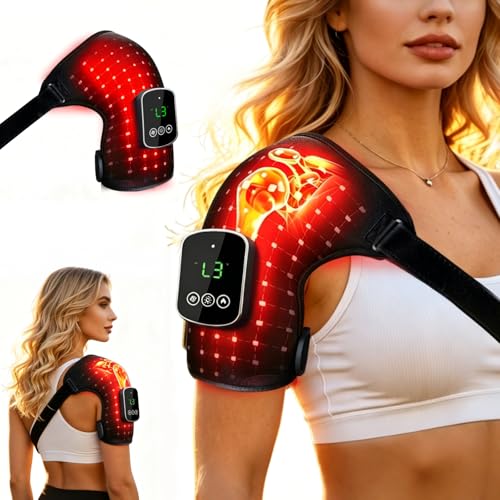 Red Light Therapy for Shoulder - 5000mAh Cordless Heating Pad with Massage, 240 Beads 660nm 850nm Infrared Wrap for Muscle Tension, Post-Workout Recovery, Gifts for Men Women, Fits Left & Right - color: Jet Black