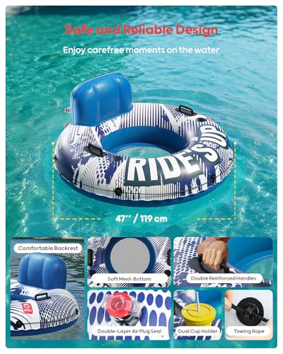 QPAU Inflatable River Tube, 0.4 mm Thickened Puncture-Resistant Heavy Duty River Float, River Raft with Ergonomic Backrest, Mesh Bottom & 2 Cup Holders for Adults and Friends Lake Float - color: A-Dark Blue 02