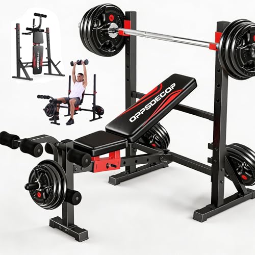 OPPSDECOR Standard Weight Bench Set with Squat Rack, 900LBS Adjustable Bench Press Set with Leg Extension and Leg Curl, Foldable Flat Incline Decline Workout Bench for Home Gym Full Body Training - color: Scarlet