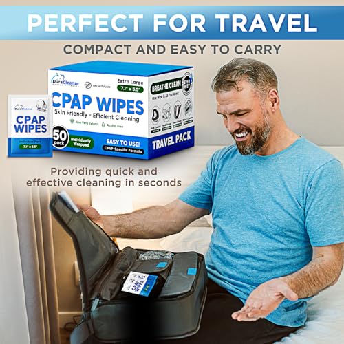 Dura Cleanse Extra Large, Extra Moist Cleaning Wipes for Full Face, Nasal Masks - 50 CPAP Travel Wipes - Unscented Cleaner for Sleep Machine, Supplies and Accessories - size: 50 Count (Travel Pack)