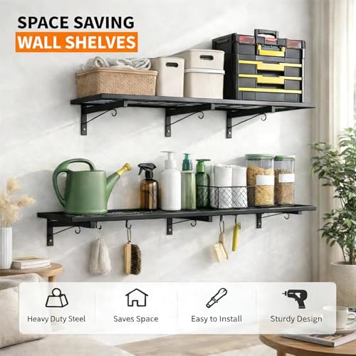 Garage Wall Shelving, 46" x 12" Floating Shelf, Heavy Duty, 190 LBS Load Capacity, Black Storage Rack for Shop, Shed, Closet, Basement - style: B-1 PACK