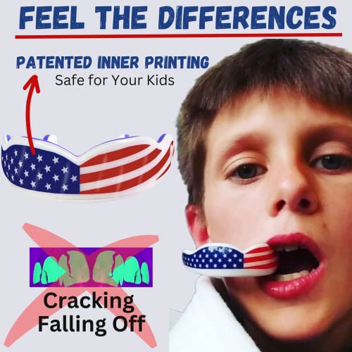 Oral Mart Youth Sports Mouth Guard for Kids (USA Flag, Fangs, 20+ Colors to Choose from) Mouthguard for Football, MMA, Karate, Boxing, Rugby, BJJ, Flag Football – /w Case (Youth, Strapless) - color: American Flag