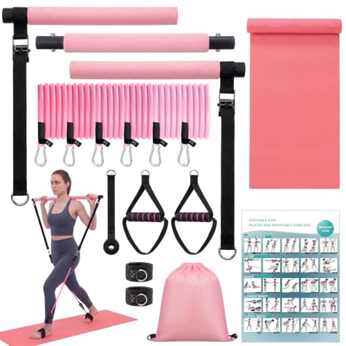 Pilates Bar Kit with Resistance Bands and Yoga Mat, Adjustable Metal Bar Portable Home Fitness Set for Women Full Body Workouts, Core, Strength, Stretching and Pilates Training