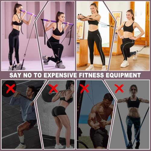 Pilates bar kit Multiple Fitness bar with Resistance Bands, Ab Rollers.Core Strength Training Equipment. Squat Machine for Men and Women.Portable Home Gym Pilates bar kit for Full Body Training Women - style: Basic purple