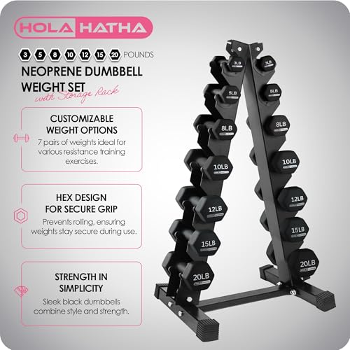 HolaHatha Neoprene Dumbbell Weights Set with Rack, Home Gym Equipment, 146 Lbs, Black - Portable Weighted Exercise Dumbbells for Fitness, Training, and Lifting Workouts