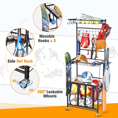 PLKOW Sports Equipment Storage for Garage, Indoor/Outdoor Sports Rack for Garage, Ball Storage Garage Organizer with Basket and Hooks,Toy/Sports Gear Storage - color: Black, 21.3"L x 15.8"W x 59"H