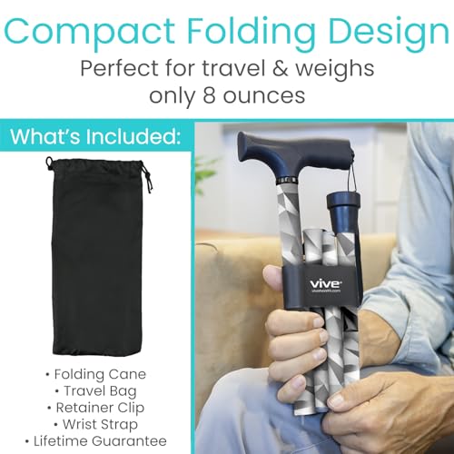 Vive Folding Cane - Foldable Walking Cane for Men, Women - Fold-up, Collapsible, Lightweight, Adjustable, Portable Hand Walking Stick - Balancing Mobility Aid - Sleek, Comfortable T Handles - color: Grey Poly