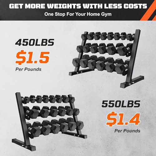 Dumbbell Sets with Rack, Rubber Hex Dumbbells, 160/220/280/360/450/550LBS, Hand Weights with Chrome Handle for Strength Training - color: 450lbs with Rack Pro