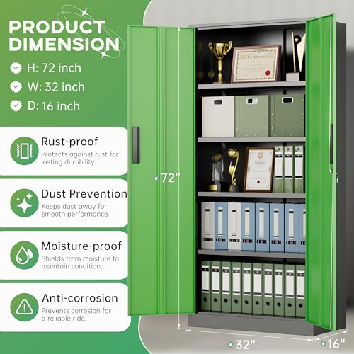 INTERGREAT Metal Storage Cabinet,72" Steel Lockable File Cabinet with Locking Doors and Adjustable Shelves,Locking Tool Cabinets for Office,Home,Garage,Gym,School (Black Green) - color: Black Green, size: MSC-D16