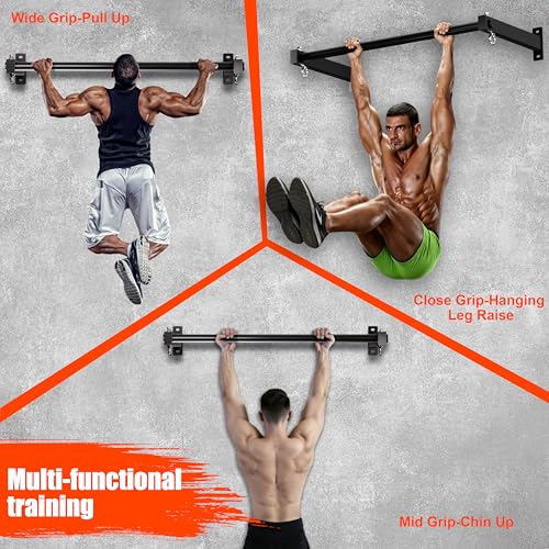 Wall Mount Pull Up Bar, Heavy Duty Steel PullUp Bar Fits 16", 24" & 32" Wood Studs, for Home Gym Garage Basement Strength Training Chin Up Bar with Round Anchors