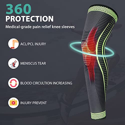 2 Pack Full Leg Compression Sleeves, Long Knee Brace Support for ACL,PCL, Meniscus Tear, Arthritis, Tendinitis,Men And Women (Green, Large) - color: Green, size: Large