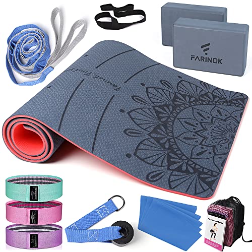 1/3 Yoga Mat Thick, Yoga Set for Beginners Include High Density Mat with Multi-loops Strap, Blocks, Booty Resistance Band Set, Door Anchor, Carring Bag & Strap - color: BLUE&RED
