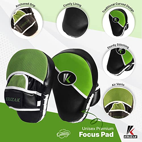 Kruzak Premium Boxing Gloves and Focus Mitts Set for Kickboxing and Muay Thai MMA Training| Focus Pads and Training Gloves | Fitness Kit for Martial Arts & Karate | 08, 10, 12, 14, 16 oz Gloves - color: Black and Green, size: 10 oz