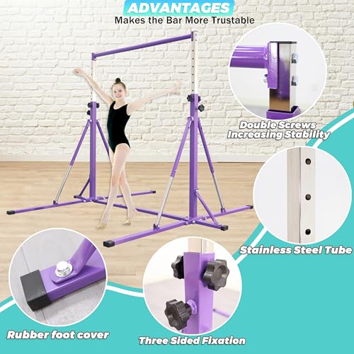 FC FUNCHEER Foldable Gymnastics Bar,5FT Horizontal bar,Adjustable Kids Training bar for Kids Ages 3-15,Kids Gymnastics bar,Triangle Stable Structure-Gym Equipment for Home - color: Purple, style: Bar-Swing-Rings