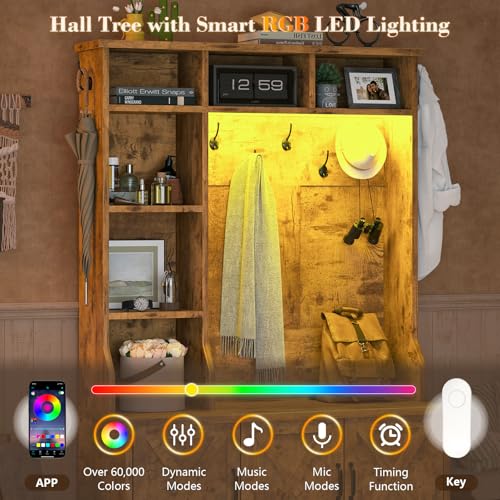 CSZZD Hall Tree with Bench and Shoe Storage, Farmhouse Entryway Bench with Coat Racks and Led Lights, Tall Hall Tree with 7 Coat Hooks, 6 Storage Cubbies, Adjustable Shelf, Rustic - color: Rustic Brown, size: 39.4"