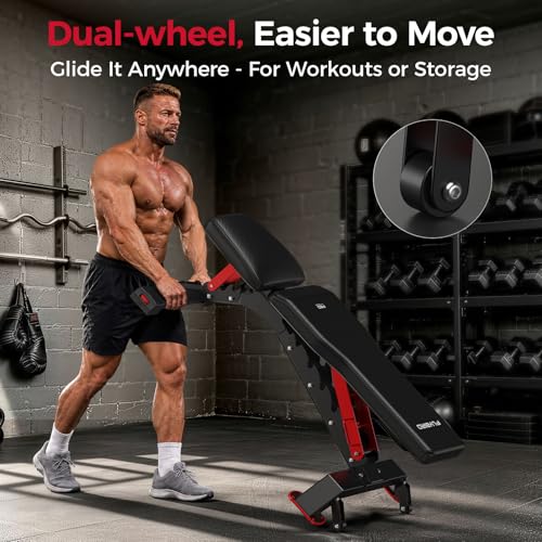 FLYBIRD WB7 Weight Bench, 1300LBS Commercial Adjustable Weight Bench, Workout Bench for Home Gym, Flat Incline Bench Press Heavy Duty Bench with 34'' Extra-Long Backrest and Easy-Roll Wheels - color: Black & Red